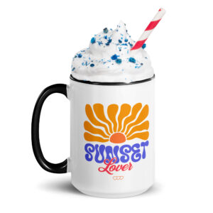 Baltas puodelis su spauda (įv.spalvų). 'Sunset lover' dizainas