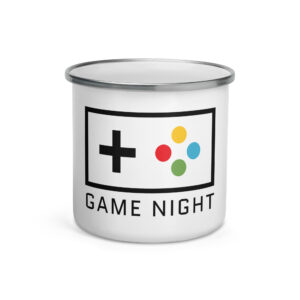Emaliuotas puodelis su spauda. 'Game night' dizainas